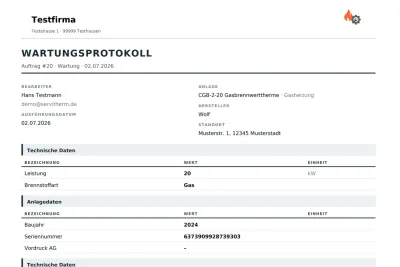 Wartungsprotokoll in serviTherm